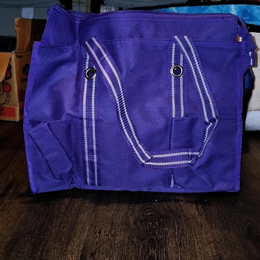 Purple Tote Bag with Striped Handles